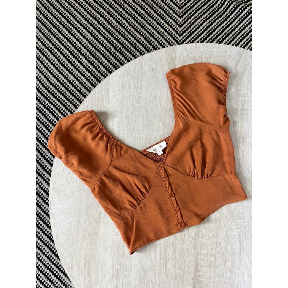 Pink Rose Rust Orange Puff Sleeve Button Front Smocked Back Crop Top Womens M